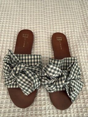 Miista Brown Footbed Sandals with Green & White Gingham Bow size 38/7.5